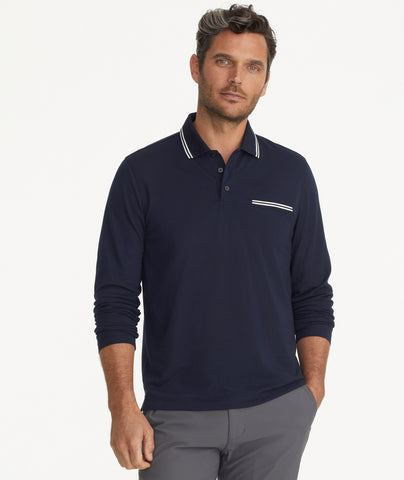 Model is wearing UNTUCkit Caesar LS Polo in Sky Captain.