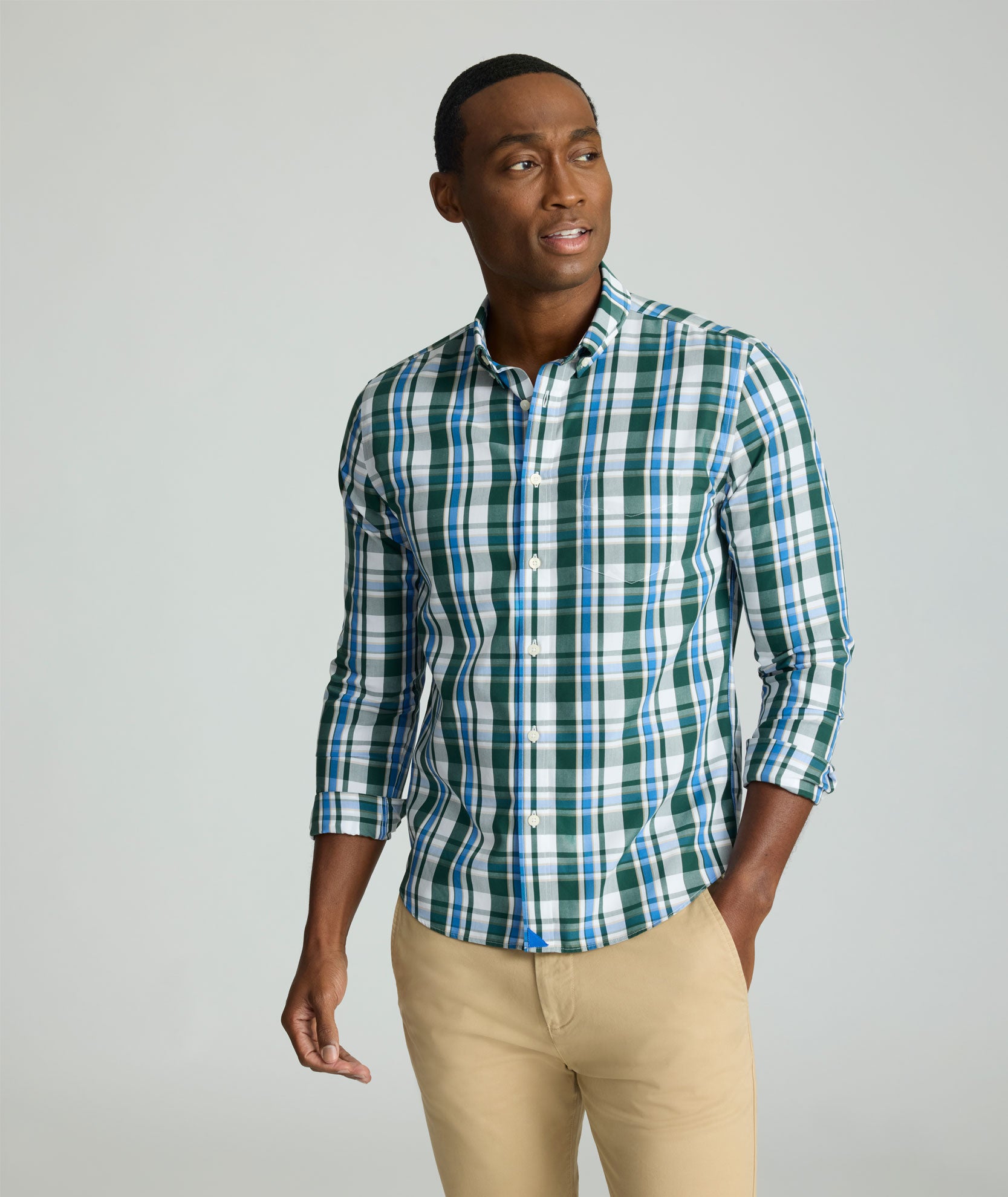 Wrinkle-Free Caldwell Shirt White & Green Plaid | UNTUCKit