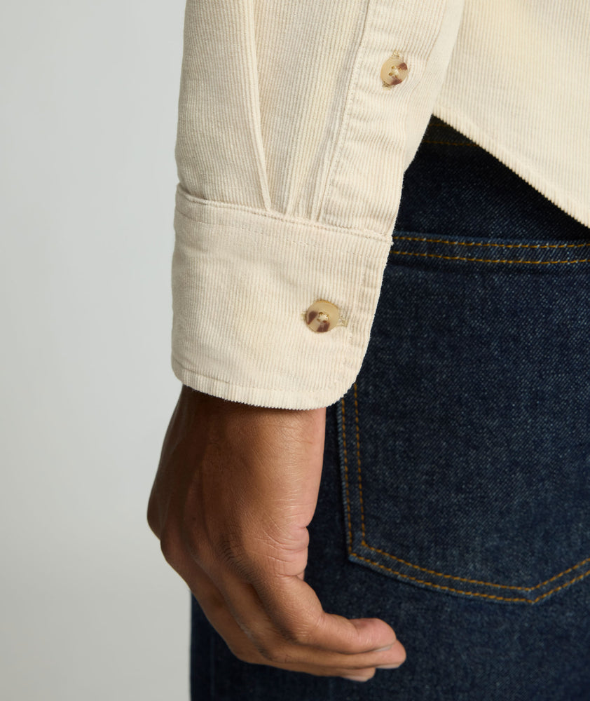 Model is wearing UNTUCKit Cord Shirt in fog. 