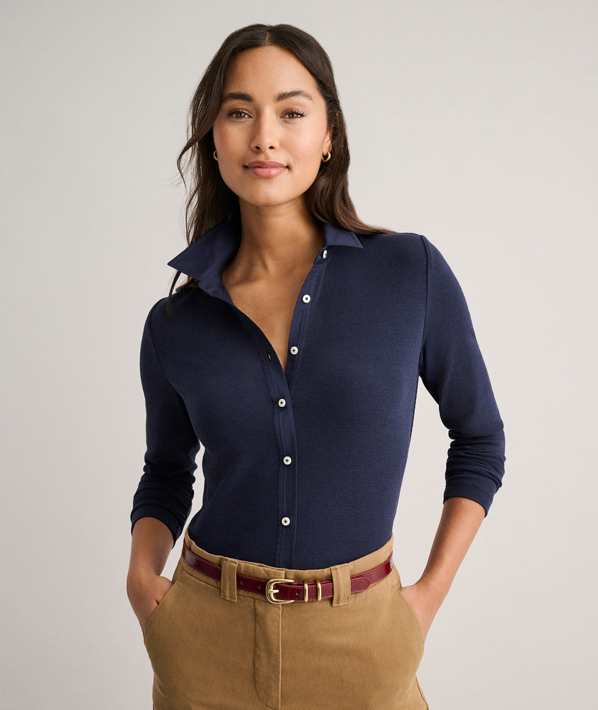 Model is wearing UNTUCKit Jersey Knit Ribbed Carina Shirt.