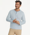Model is wearing UNTUCKit Cascudo long sleeve Pique in Faded Denim.