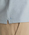 Model is wearing UNTUCKit Cascudo long sleeve Pique in Faded Denim.