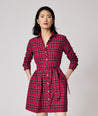 Model is wearing UNTUCKit Cassie dress in red plaid. 