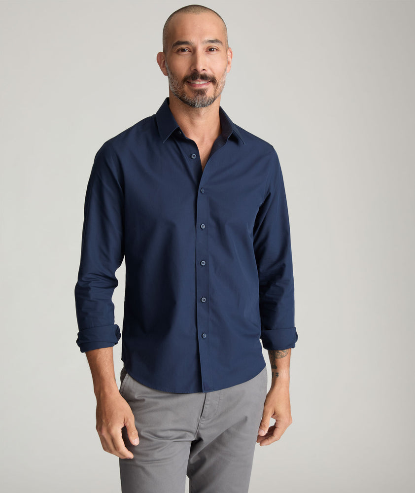 Model wearing a Navy Wrinkle-Free Castello Shirt