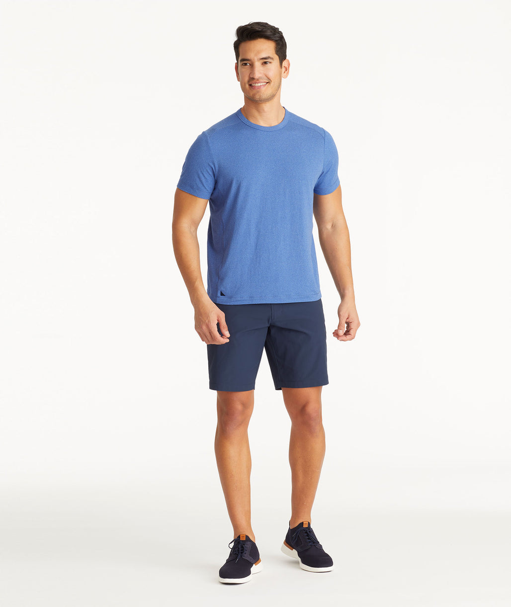 Model wearing UNTUCKit True Navy Traveler Shorts