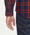 Model is wearing UNTUCKit Chaselo Brushed Overshirt in White & Red Check.