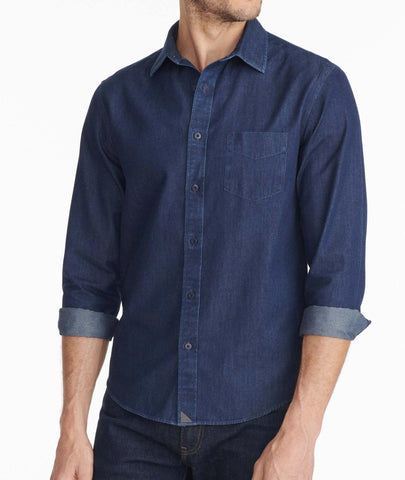 Model wearing a Mid Blue Wrinkle-Free Denim Cinzano Shirt