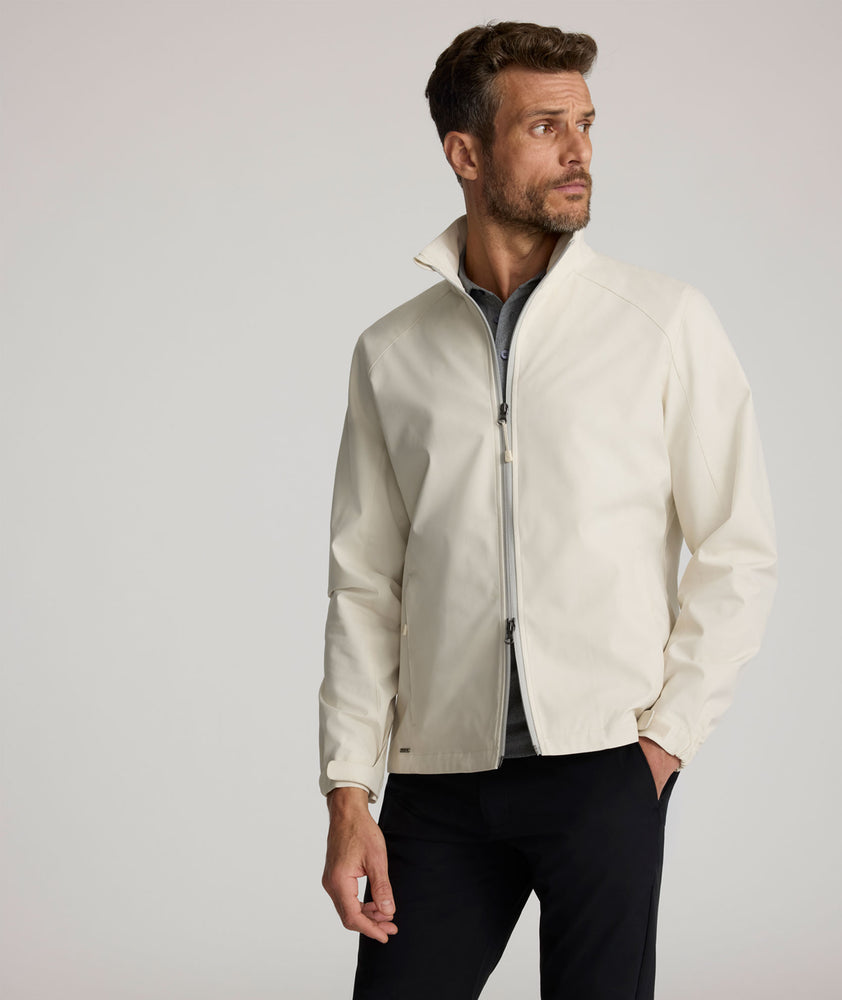 Model is wearing UNTUKit Connolly jacket in silver birch. 