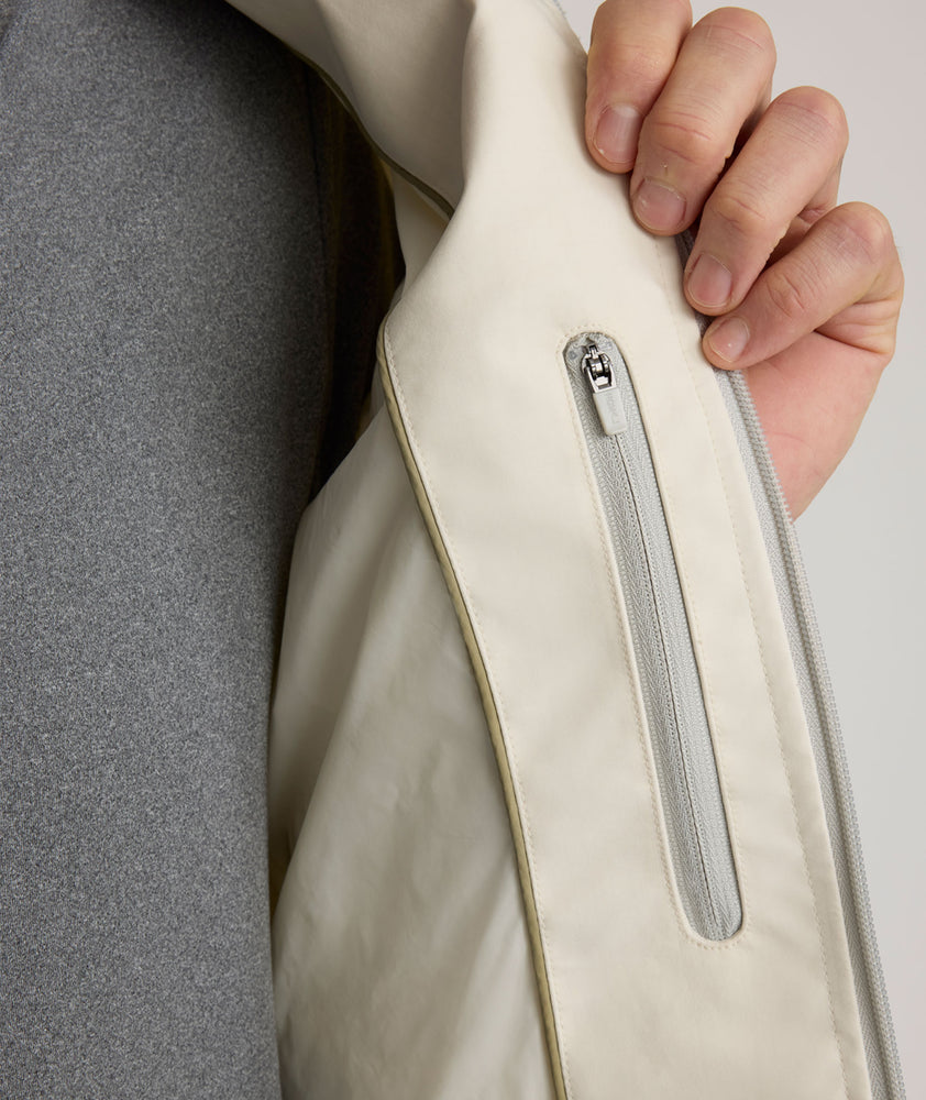 Model is wearing UNTUKit Connolly jacket in silver birch. 