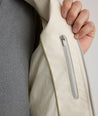 Model is wearing UNTUKit Connolly jacket in silver birch. 