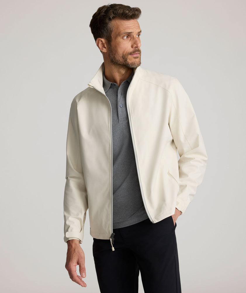 Model is wearing UNTUKit Connolly jacket in silver birch. 