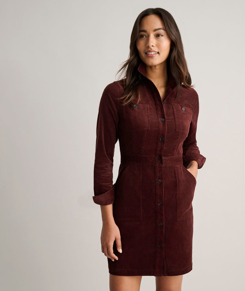 Model is wearing UNTUCKit Corduroy Cora Shirt Dress.
