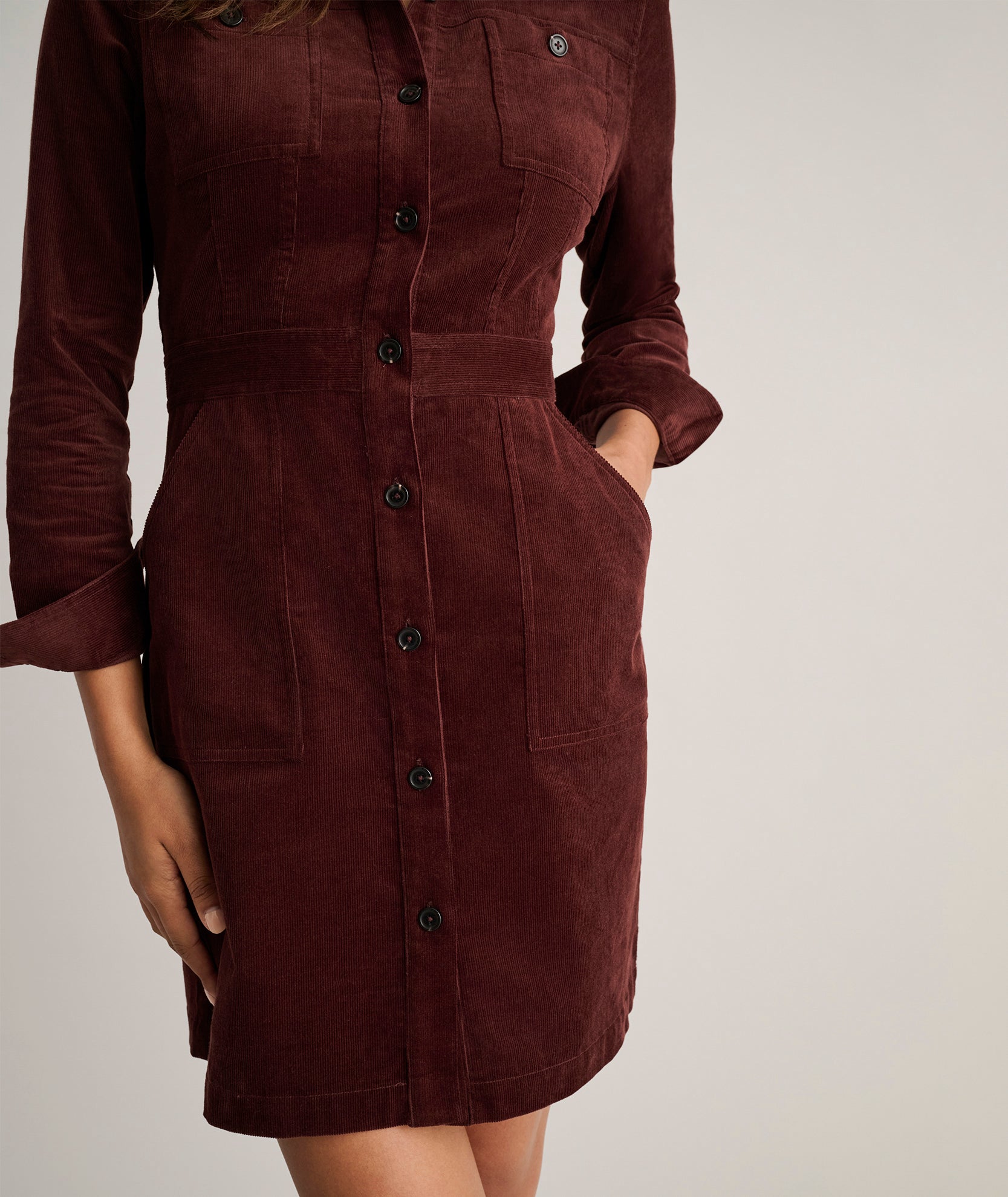 brown corduroy shirt dress 2025 new European and American cross-border fashion women's clothing  temperament elegant long-sleeved lapel corduroy shirt skirt dress –  silkmaison main image 1