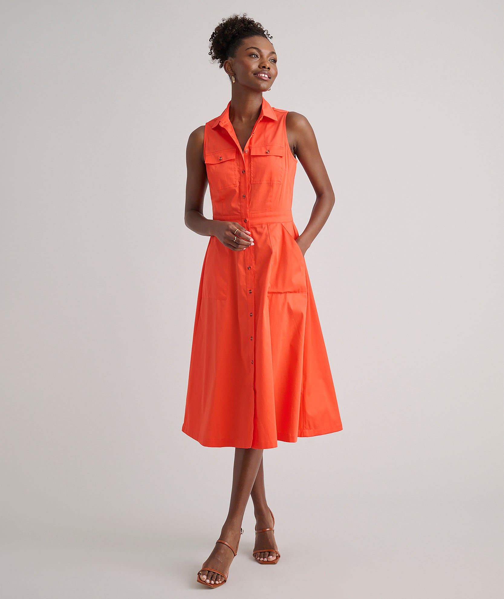 Stretch Cotton Sleeveless Cordelia Shirt Dress Bright Orange | UNTUCKit