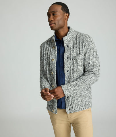 Model is wearing UNTUCKit Chunky Knit Cardigan in gray. 