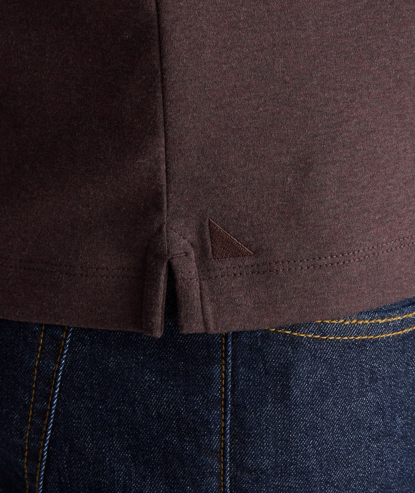 Model is wearing Wrinkle-Free Damaschino Long-Sleeve Polo in dark brown. 