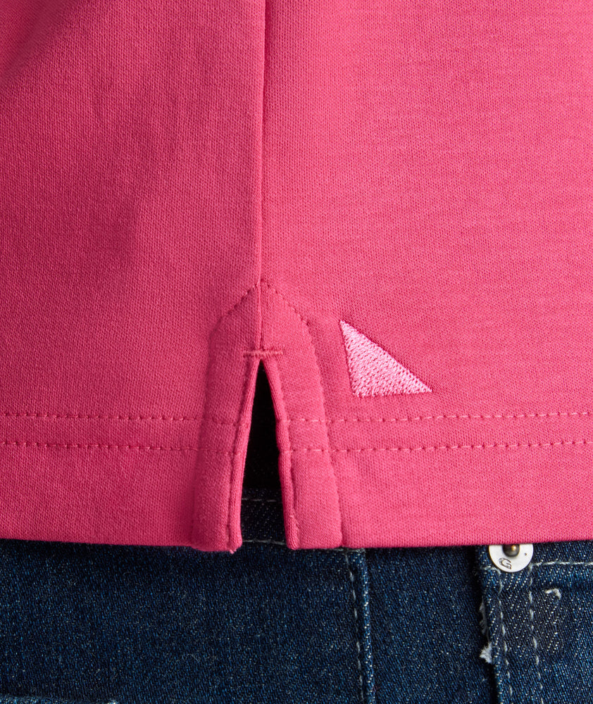 Model is wearing UNTUCKit Wrinkle-Free Damaschino Polo in Magenta.