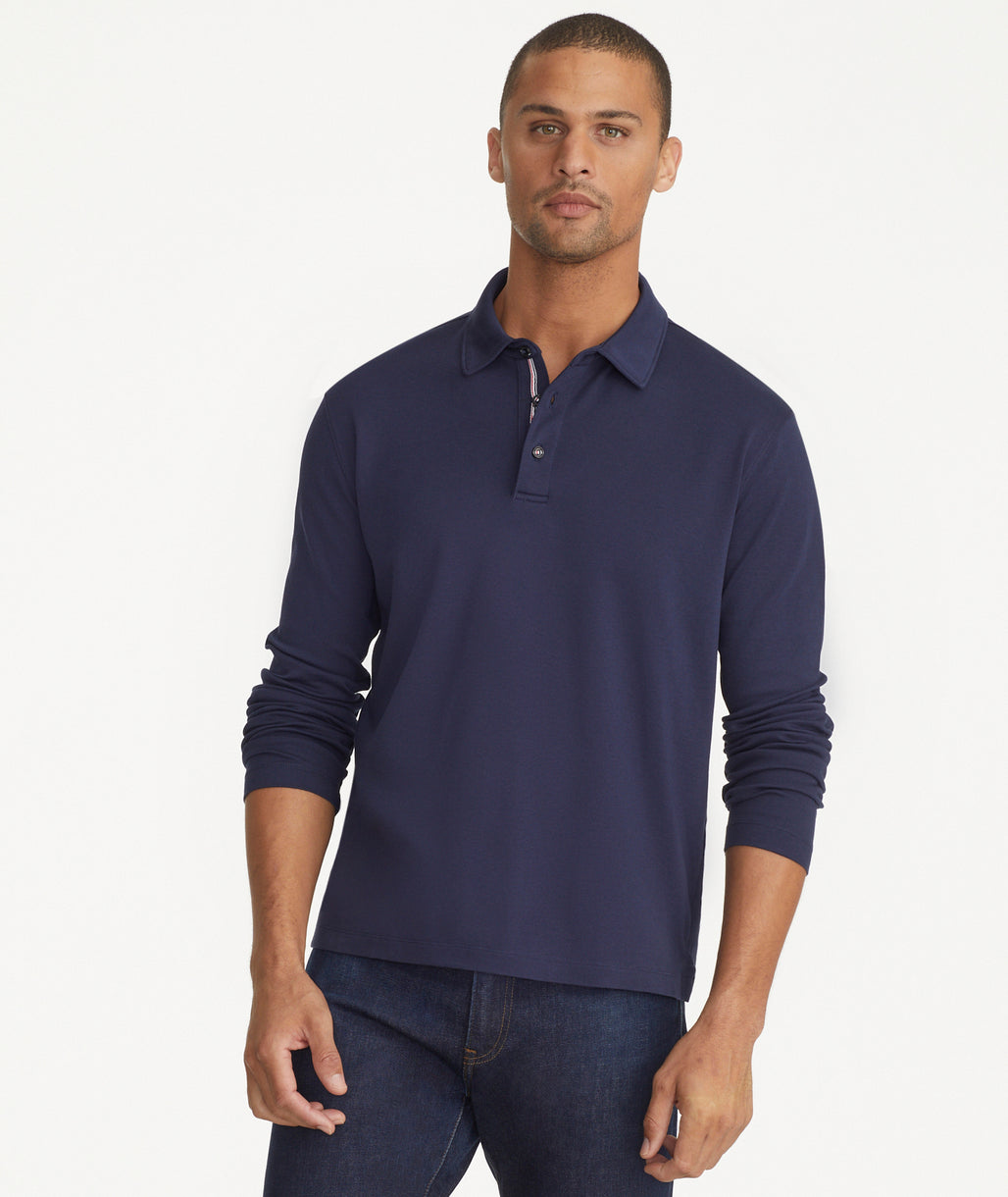 Model wearing a Navy Wrinkle-Free Damaschino Long-Sleeve Polo