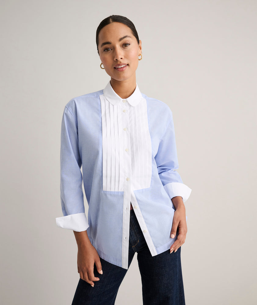 Model is wearing UNTUCKit End-on-End Bib Danielle Shirt.