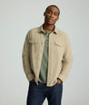 Model is wearing UNTUCKit Brushed Overshirt in laural oak. 