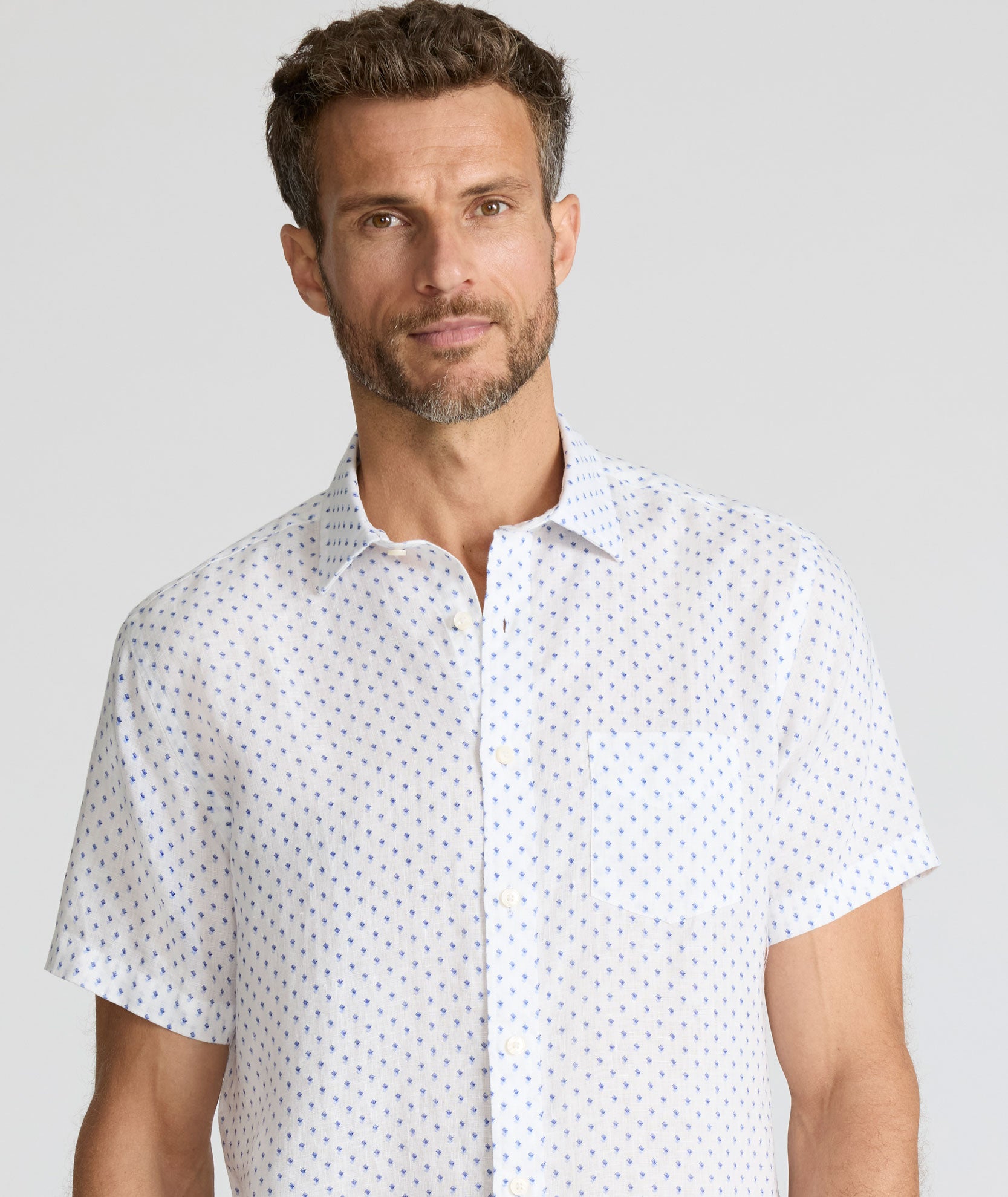 Linen Short-Sleeve Dixon Shirt White & Blue Diamond Print | UNTUCKit