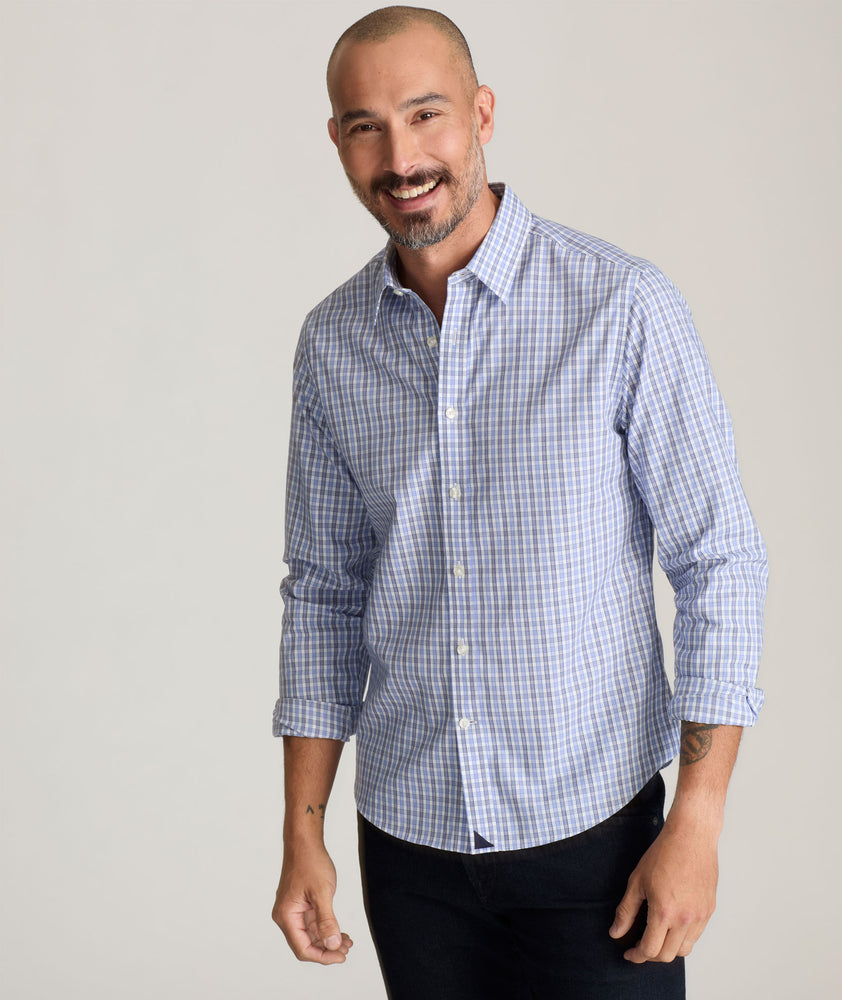 Model is wearing UNTUCKit durif wrinkle-free shirt. 
