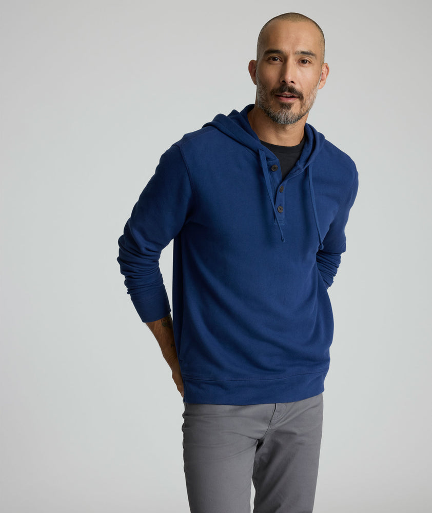 Model is wearing UNTUCKit Elwood Indigo Hoodie.