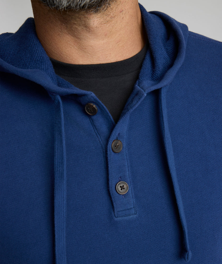 Model is wearing UNTUCKit Elwood Indigo Hoodie.
