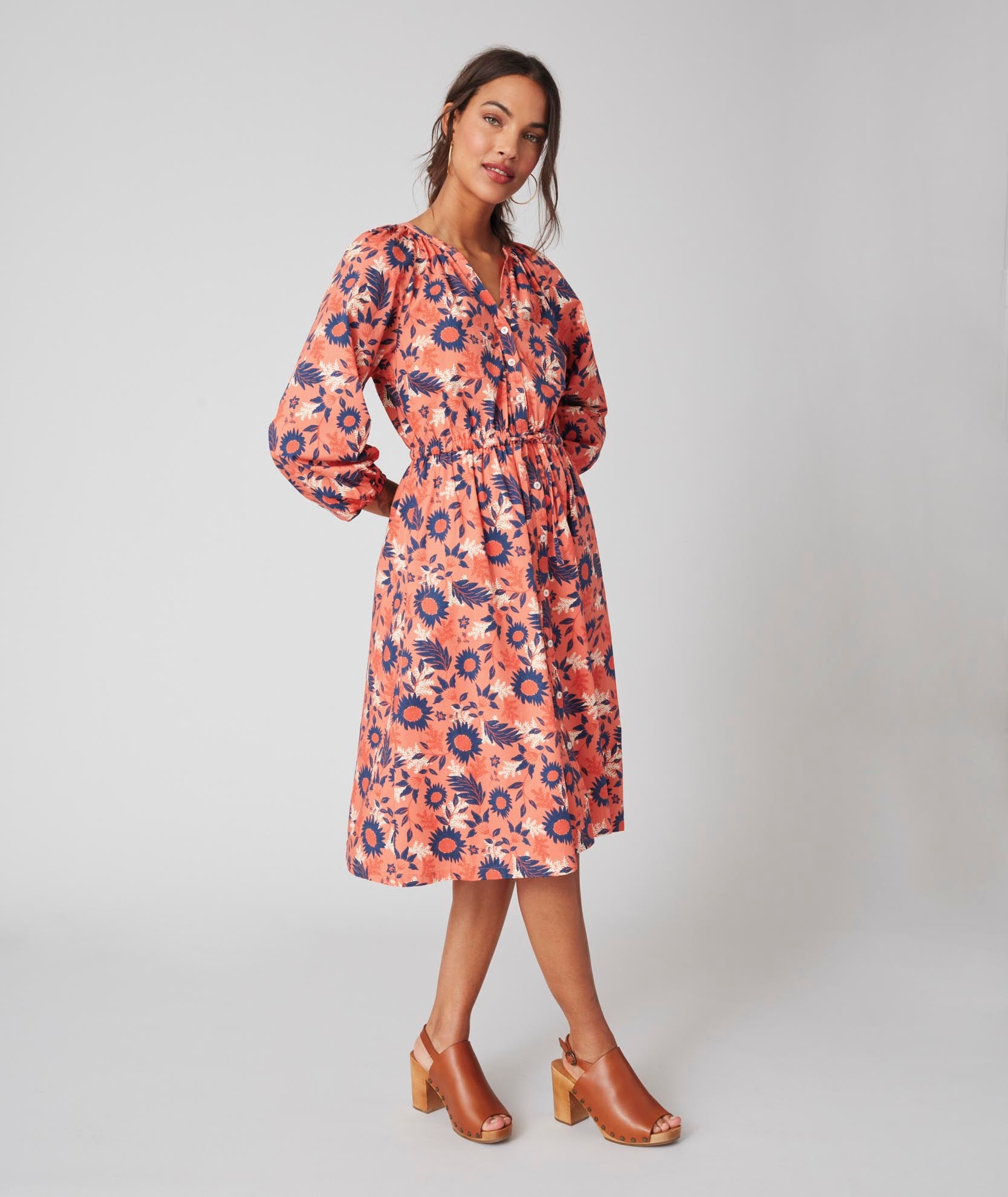 Stretch Cotton Midi Farrah Dress Orange & Navy Sunflower Print