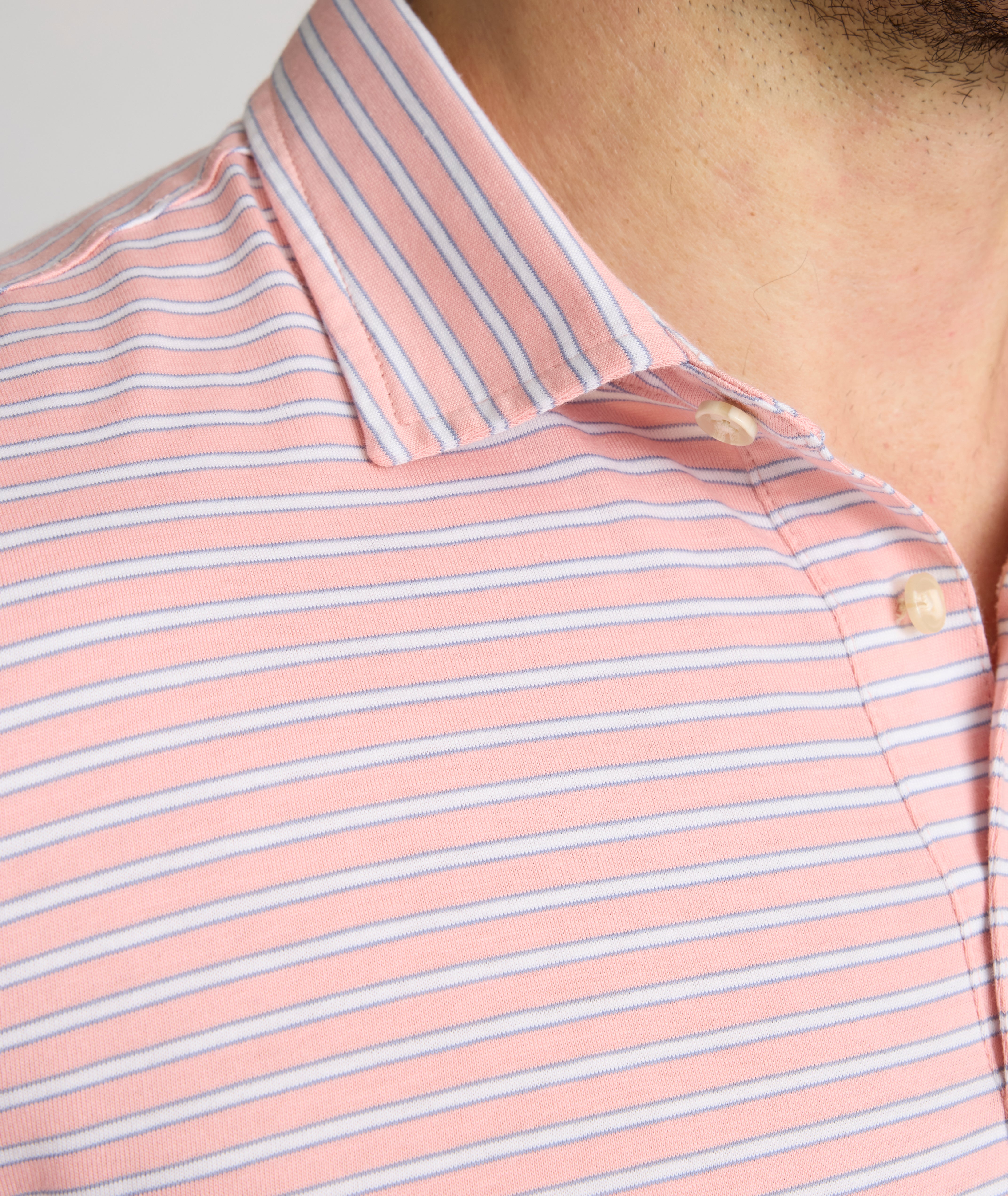 【1PIU1UGUALE3】113 GOLF L/S POLO STRIPE SWITCH［BEIGE］ Striped Jersey Performance Polo Pink Stripe | Added FUZE