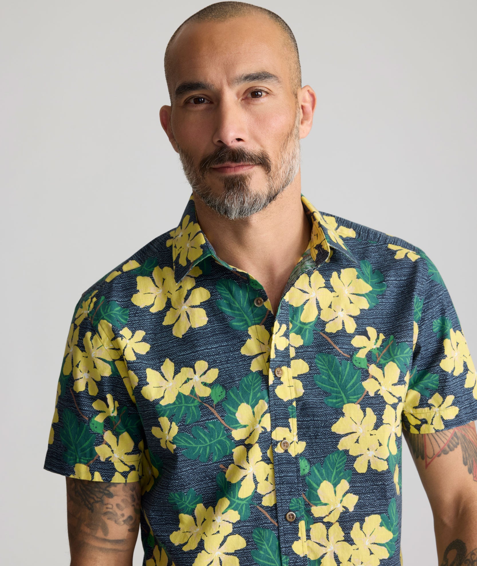 トップス 26SS Work Shirt-CL Houndstooth Vintage Wash Short-Sleeve Finchley Shirt Navy & Yellow Floral