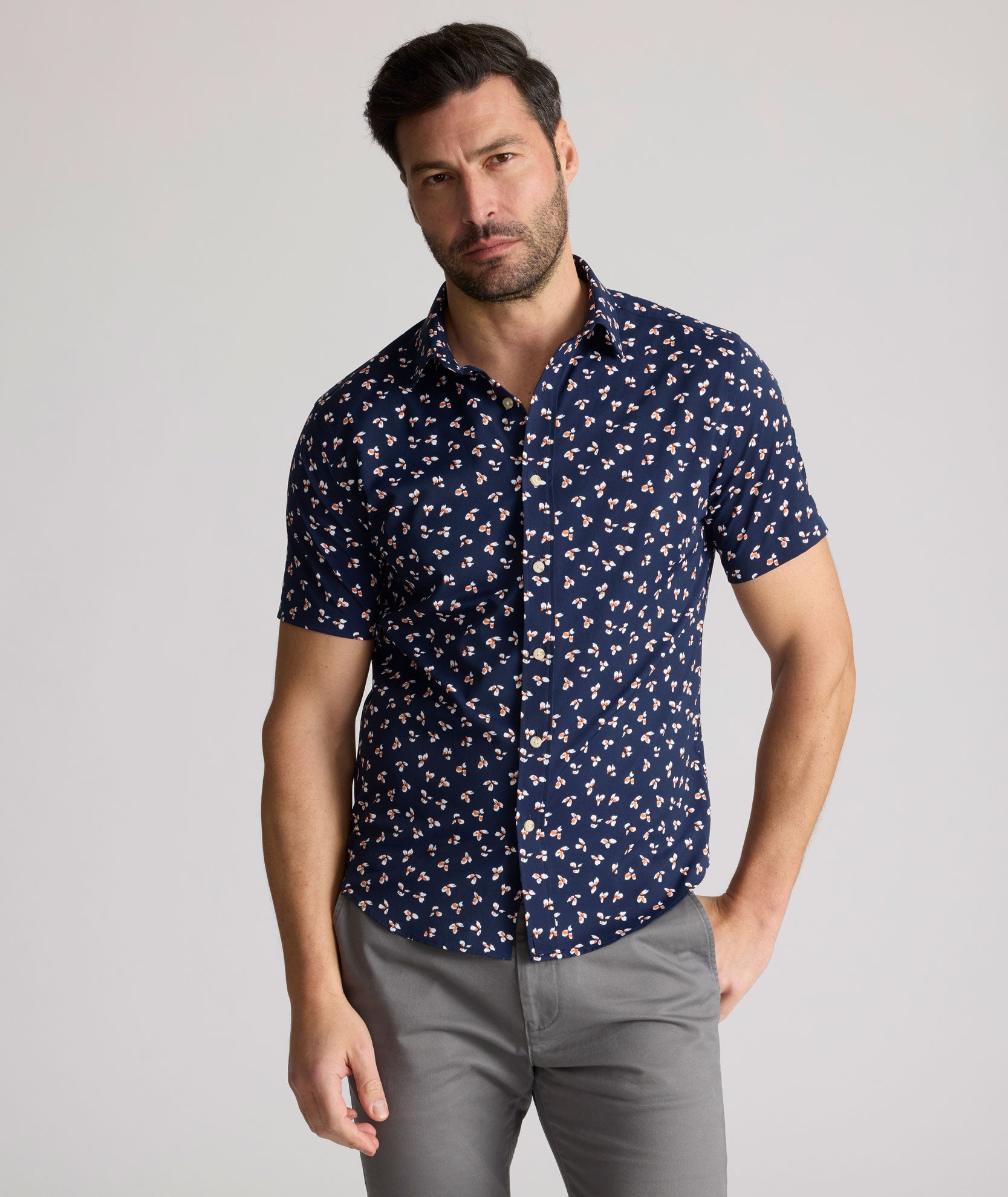Performance Short-Sleeve Shirt Navy with Orange Floral Print | Freeman