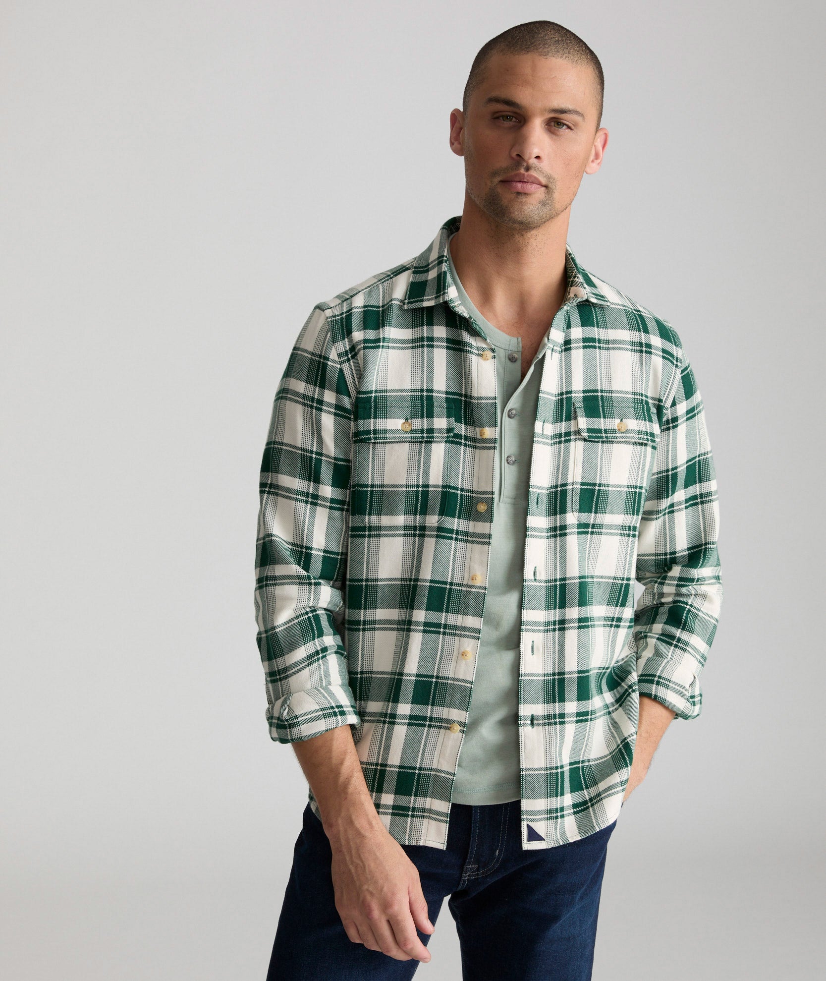 Organic Cotton Plaid Flannel Shirt White Grounded With Green Plaid