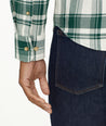 Model is wearing UNTUCKit Plaid Flannel Shirt in White Grounded With Green Plaid | Fair Trade Certified™.