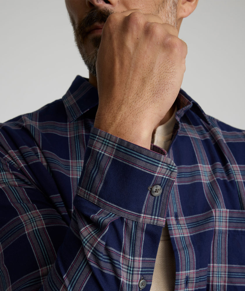 Model is wearing UNTUCKit Gahard flannel. 