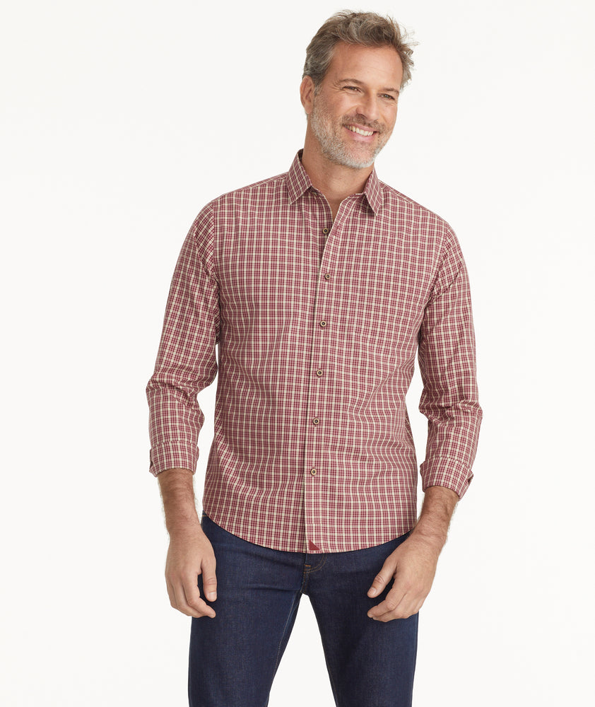 Model is wearing UNTUCKit Wrinkle-Free Gisborne Shirt in Maroon & Gold Check.