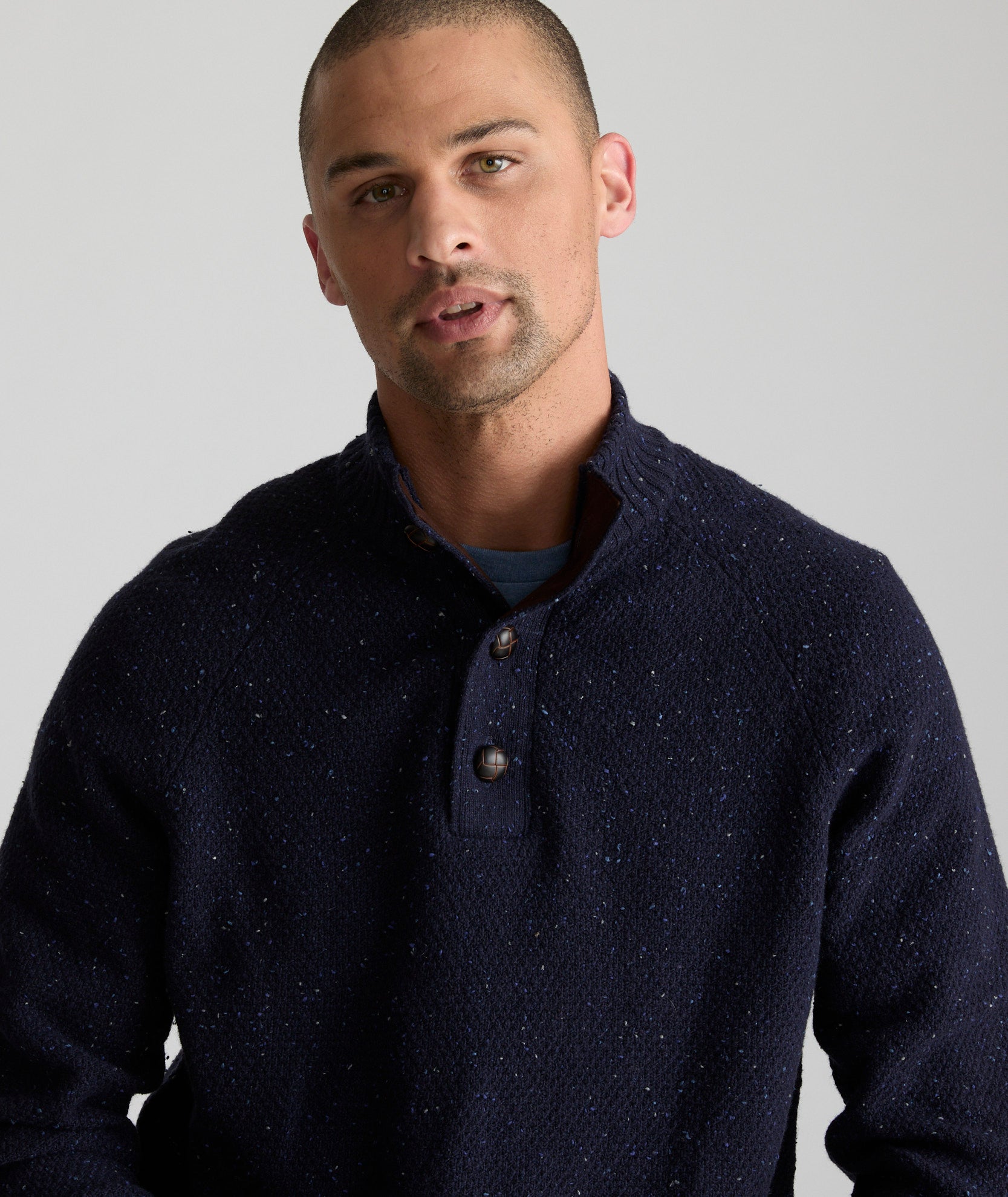 Button Neck Donegal Sweater Navy UNTUCKit