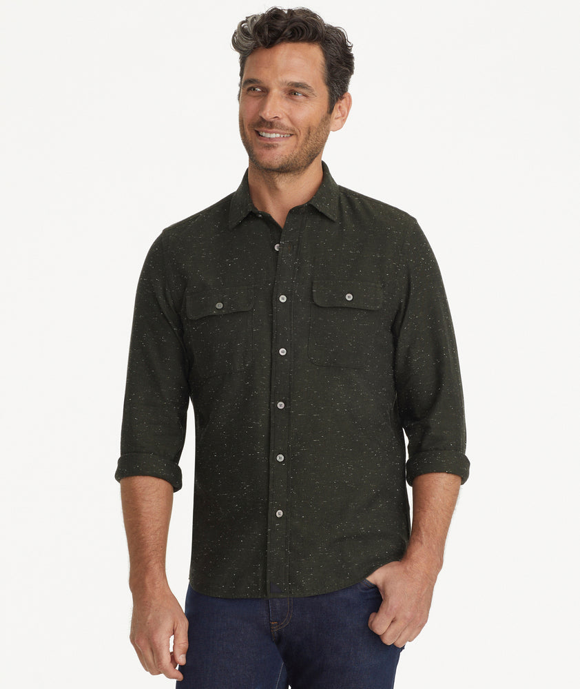 Model is wearing UNTUCKit Forest Green Chambray Flannel.