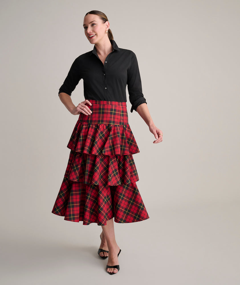 Model is wearing UNTUCKit Gretl plaid skirt. 