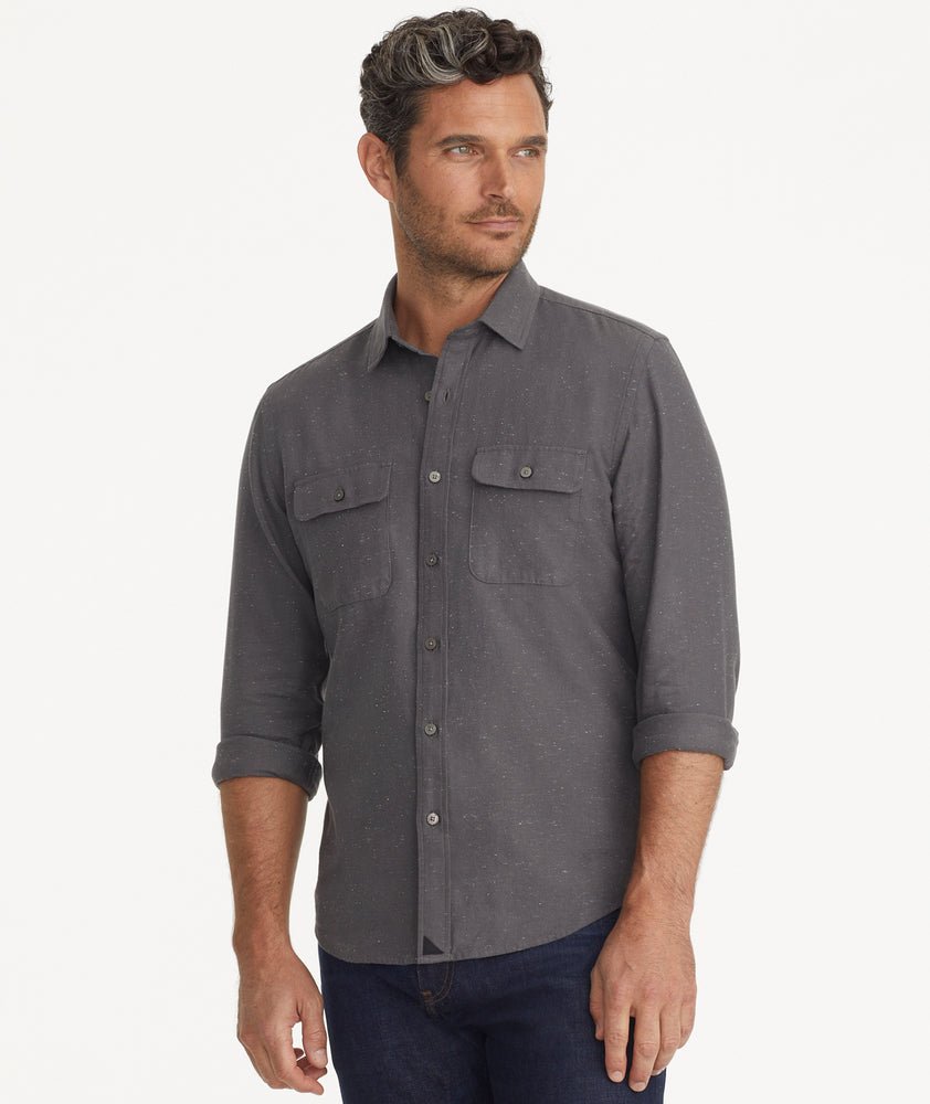 Model is wearing UNTICKit gray chambray flannel.