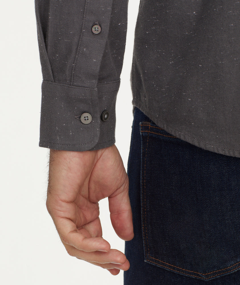 Model is wearing UNTICKit gray chambray flannel.