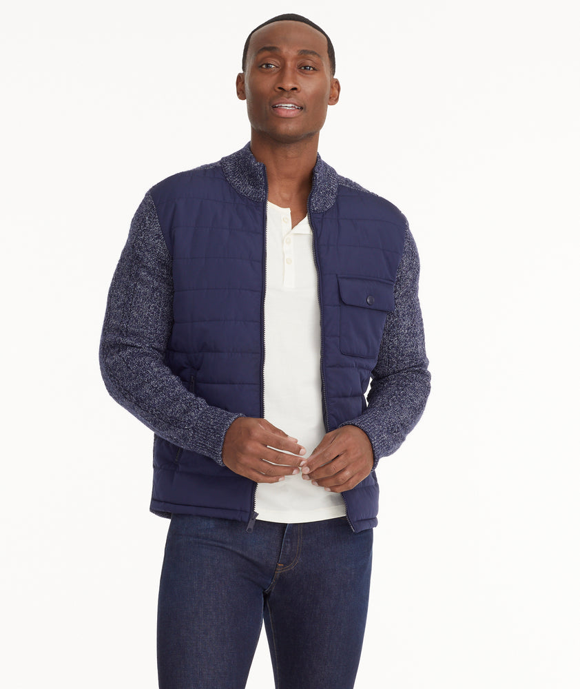 Model is wearing UNTUCKit Harlow Sweater Jacket in Maritime