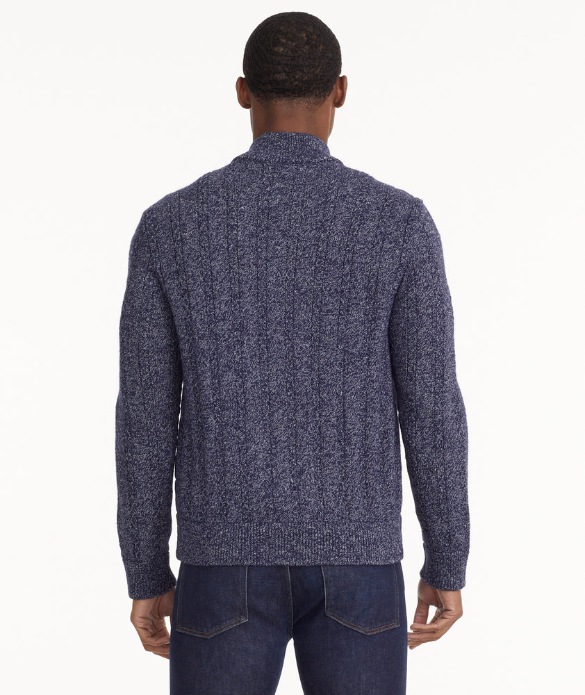 Model is wearing UNTUCKit Harlow Sweater Jacket in Maritime