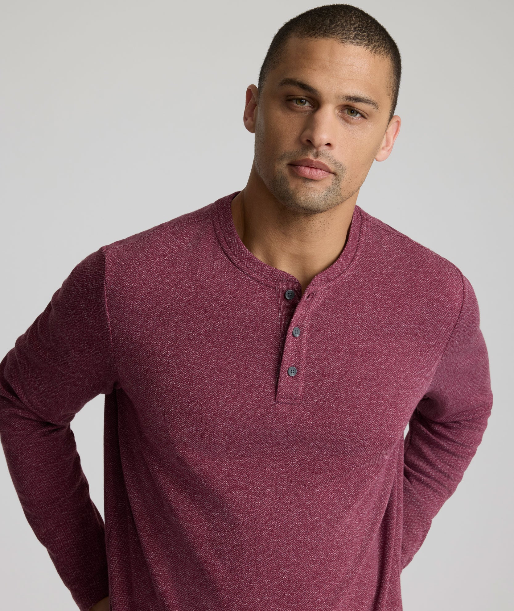 Stretch Cotton Herringbone Henley Maroon