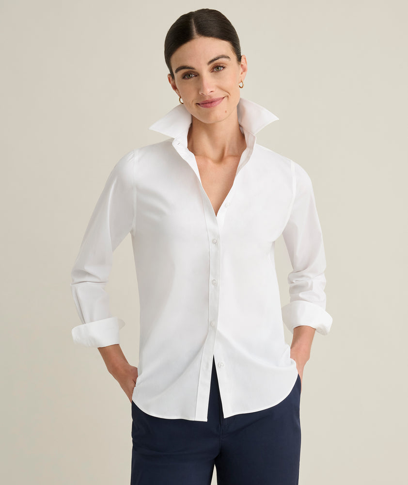 Model is wearing UNTUCKit Isabella in white. 