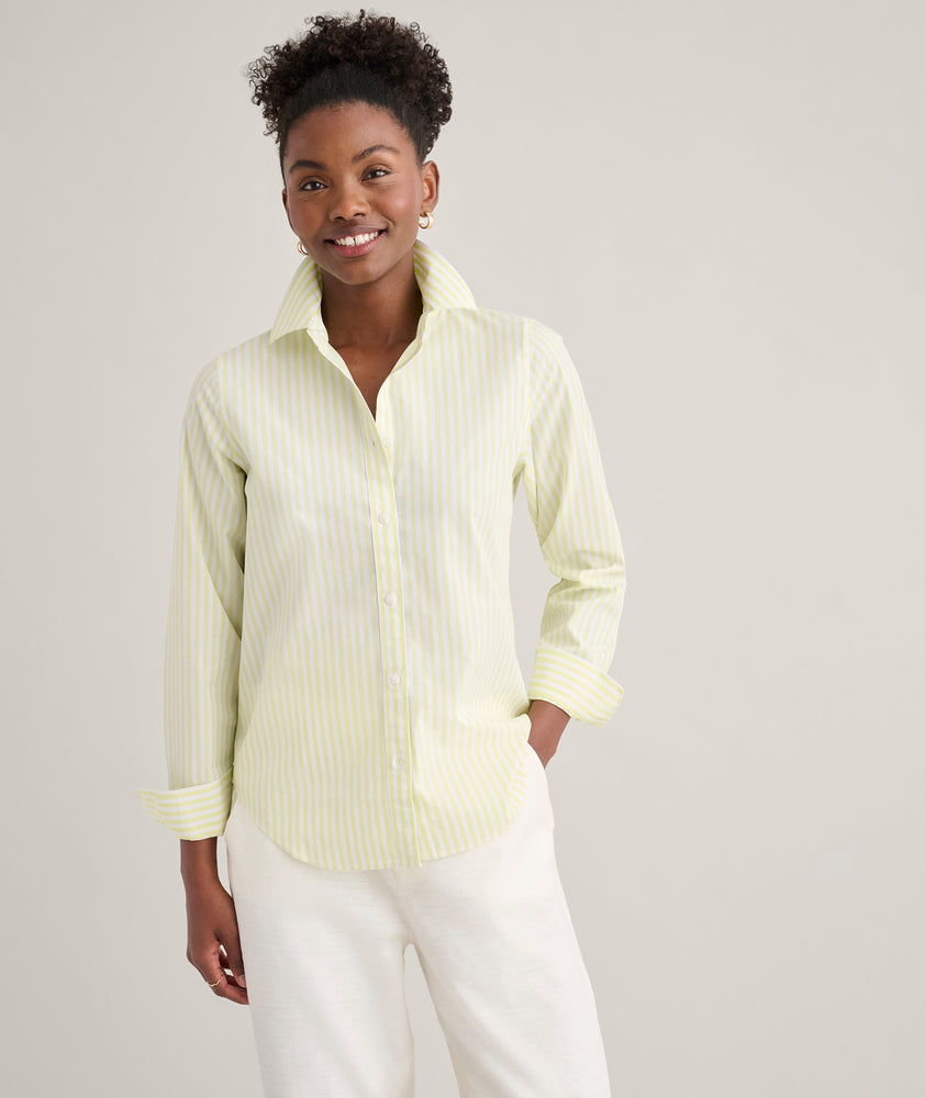 Model is wearing UNTUCKit Wrinkle-Free Stretch Cotton Classic Fit Isabella Shirt	Yellow & White Stripe.