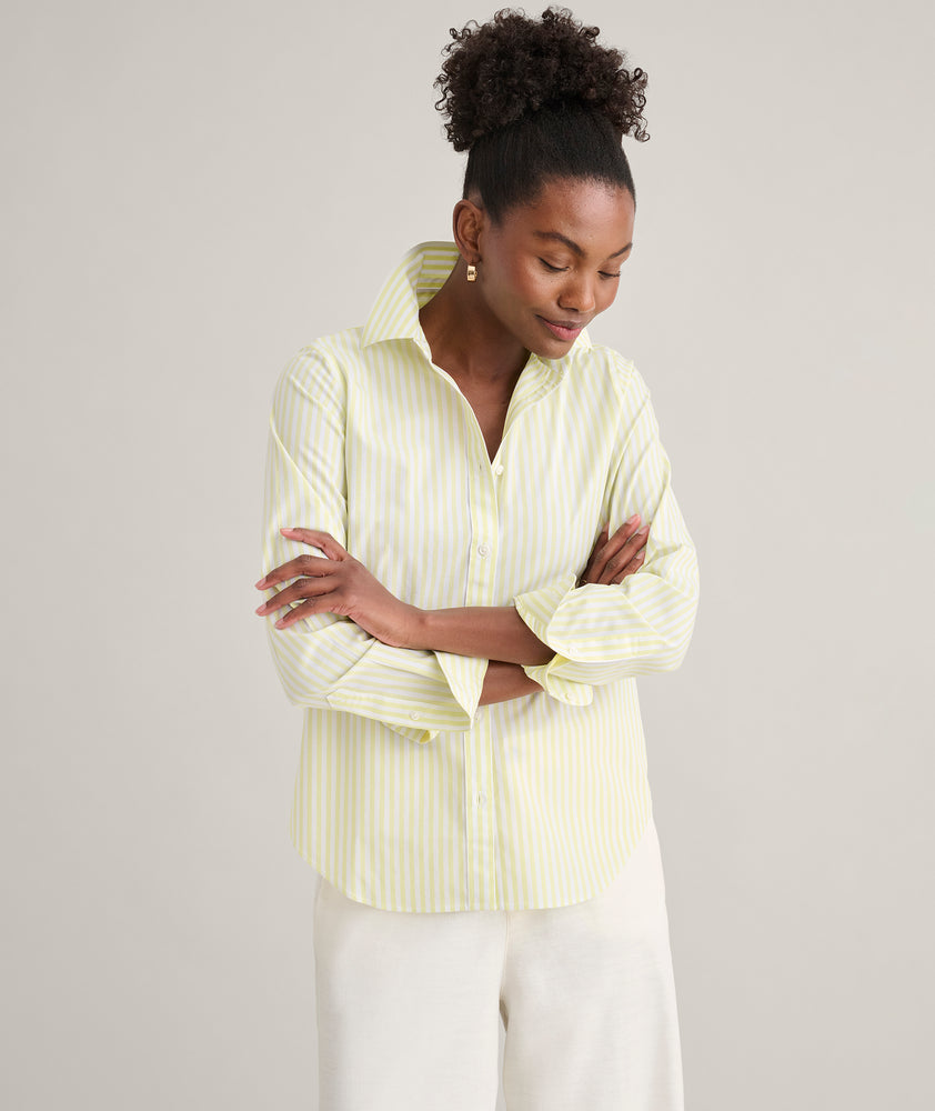 Model is wearing UNTUCKit Wrinkle-Free Stretch Cotton Classic Fit Isabella Shirt	Yellow & White Stripe.