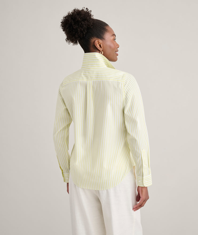 Model is wearing UNTUCKit Wrinkle-Free Stretch Cotton Classic Fit Isabella Shirt	Yellow & White Stripe.