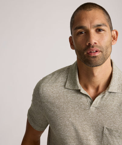 Model is wearing UNTUCKit Jacob Johnny Collar in Winter Moss.
