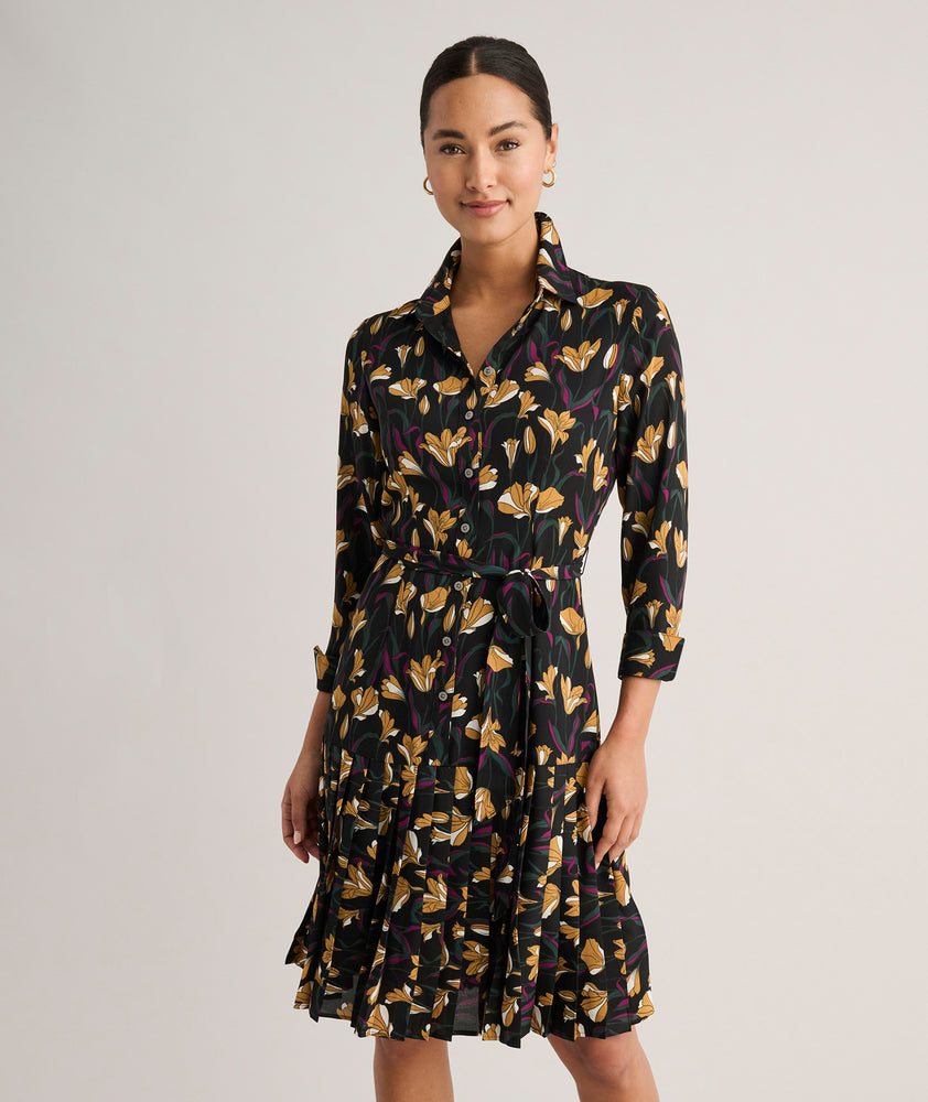 Pleated Janice Midi Shirt Dress Black Gold Floral | UNTUCKit Pleated Janice Midi Shirt Dress Black Gold Floral | UNTUCKit